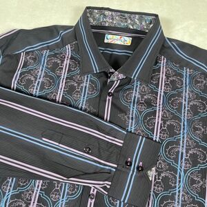 Brandolini Button Shirt Mens XXL Black Blue Purple Striped Embroidered Flip Cuff